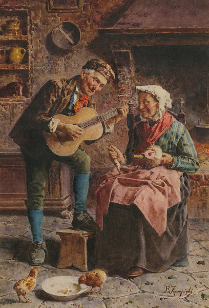 E. Zampighi Watercolor: Italian couple in a romantic scene Size: 20.5 x 14