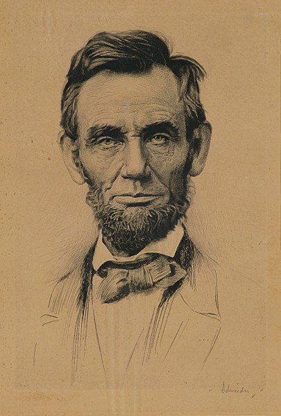 Otto J. Schneider, Abraham Lincoln: Portrait, etching, Provenance Albert Rouillier Art Galleries, So. Michigan Boulevard, Chicago Size: 11.25 x 7.75