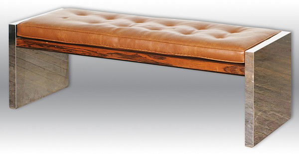 Dunbar Bench: Rosewood, stainless steel, upholstery original, designed by Roger Sprunger Artist: Roger Sprunger for Dunbar Size: 18 x 48 x 16