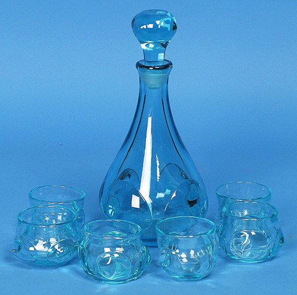 Dominick Labino Glass Liquor Set: Aqua decanter, six glasses all signed Labino and dated 1970 Artist: Dominick Labino Size: 9.5 x 2