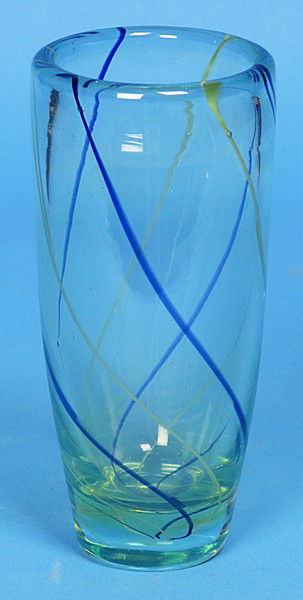 Dominick Labino Glass Vase: Signed art glass, blue, yellow swirls, 1967 Artist: Dominick Labino Size: 7.5