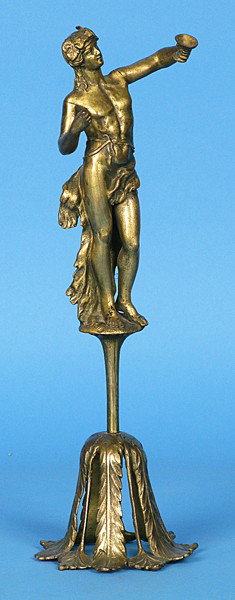 Bronze: Figure of Dionysus (God of Wine), full figure holding wine chalice on acanthus leaf, inverted bell shaped plinth Artist: unsigned Size: 13.25