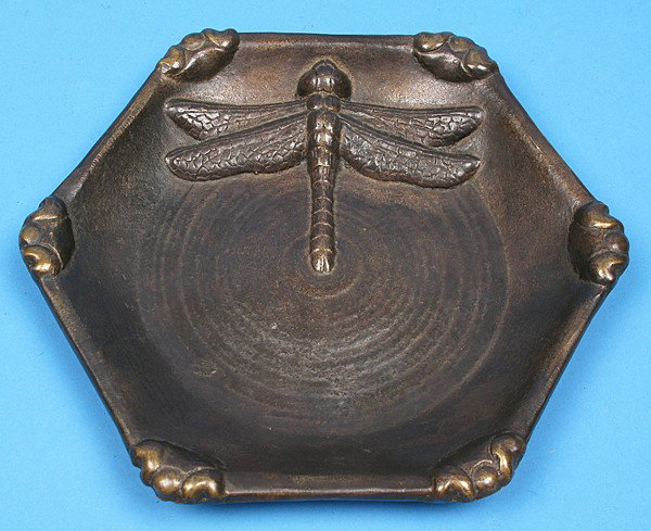 Tiffany Studio Bronze Style Tray: Hexagonal form with high relief dragon fly, marked Tiffany Studios, New York (no number) Size: 8.5