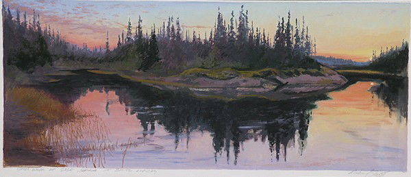Michael Scott Oil on Paper: "Still Water East summer on Beaver Activity" Size: 7.25 x 17.75