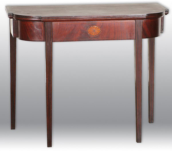 American Hepplewhite Gaming Table: Late 18 to early 19th c, string inlay, center sunburst medallion, old finish, great color, circa 1790 - 1810 Size: 36 x 18 x 29.5