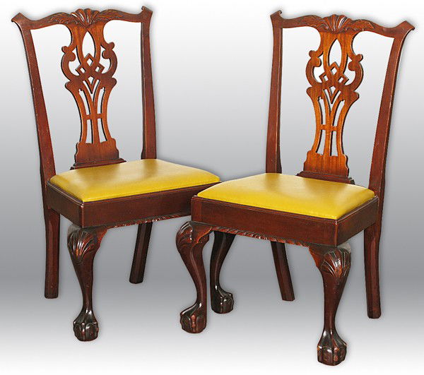 Set Eight Centennial Dining Chairs: Mahogany Chippendale, lattice back, slip upholstered seats, ball and claw feet, shell on elbows and upper center Size: 37.75H x 23.5W x 21D