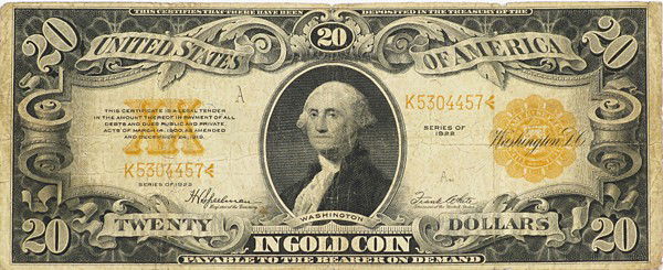 Large Twenty Dollar Bill: George Washington, Series of 1922 Size: 3 x 7,25