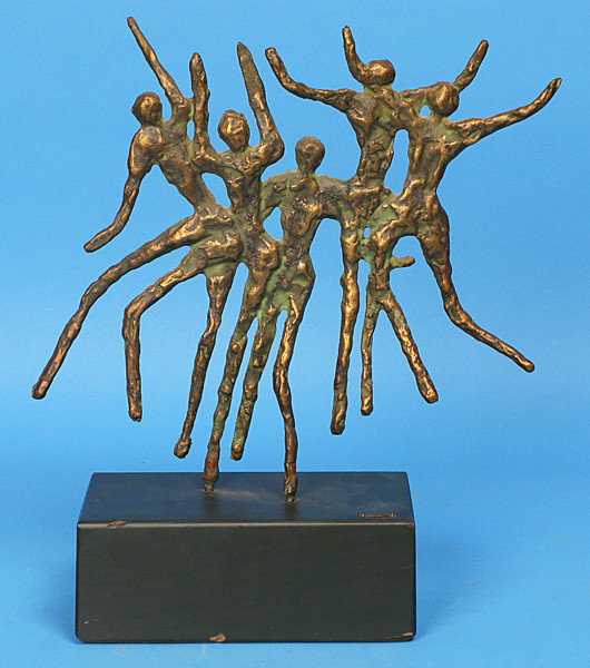 Curtis Jere Figure Sculpture: steel and bronze, black lacquered base, early example Size: 16.5 x 13.5 x 5 including base