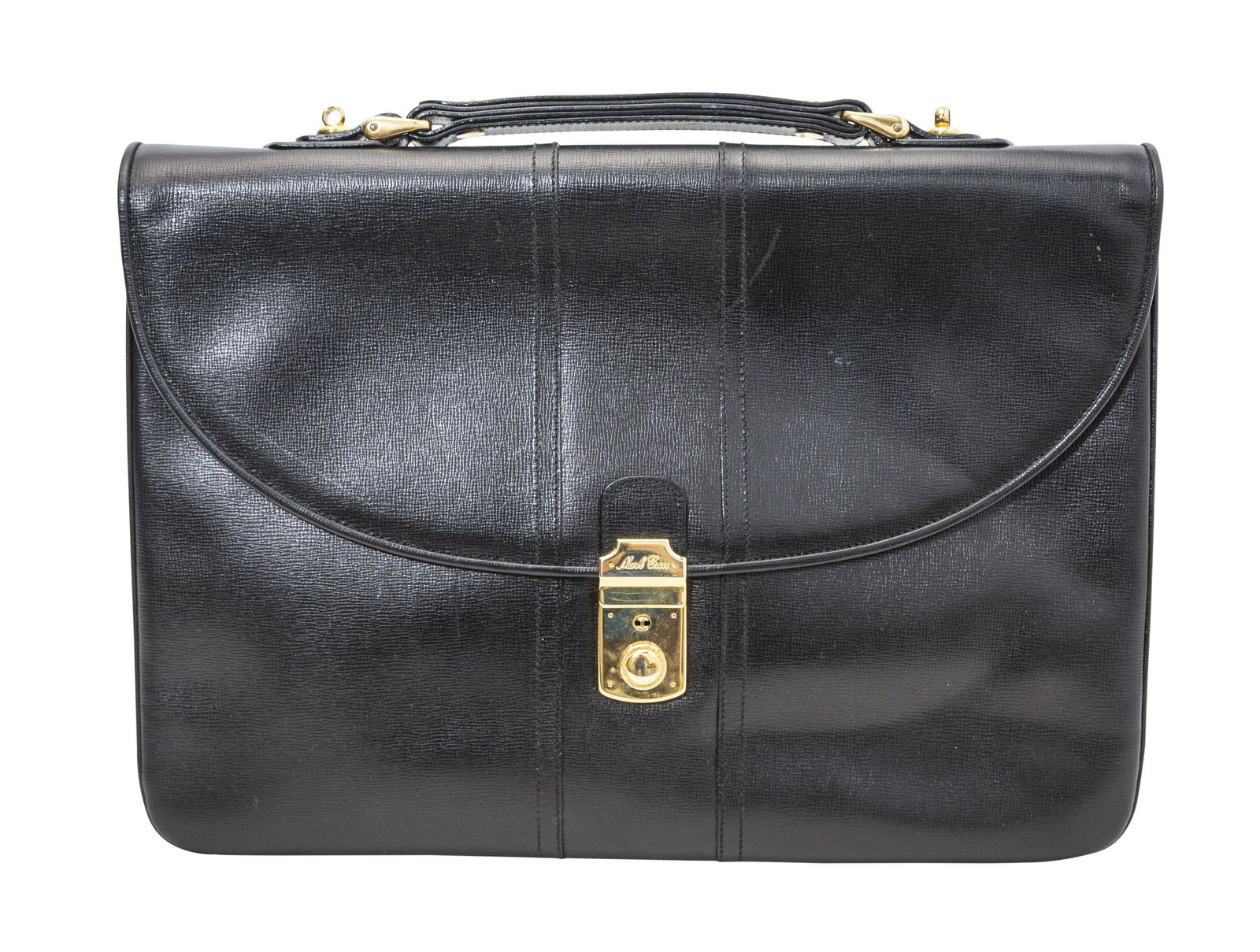 Mark Cross Leather Briefcase: Leather briefcase with original never used shoulder strap. Manufacture's mark. 15.75 x 2.25d x 12.5h