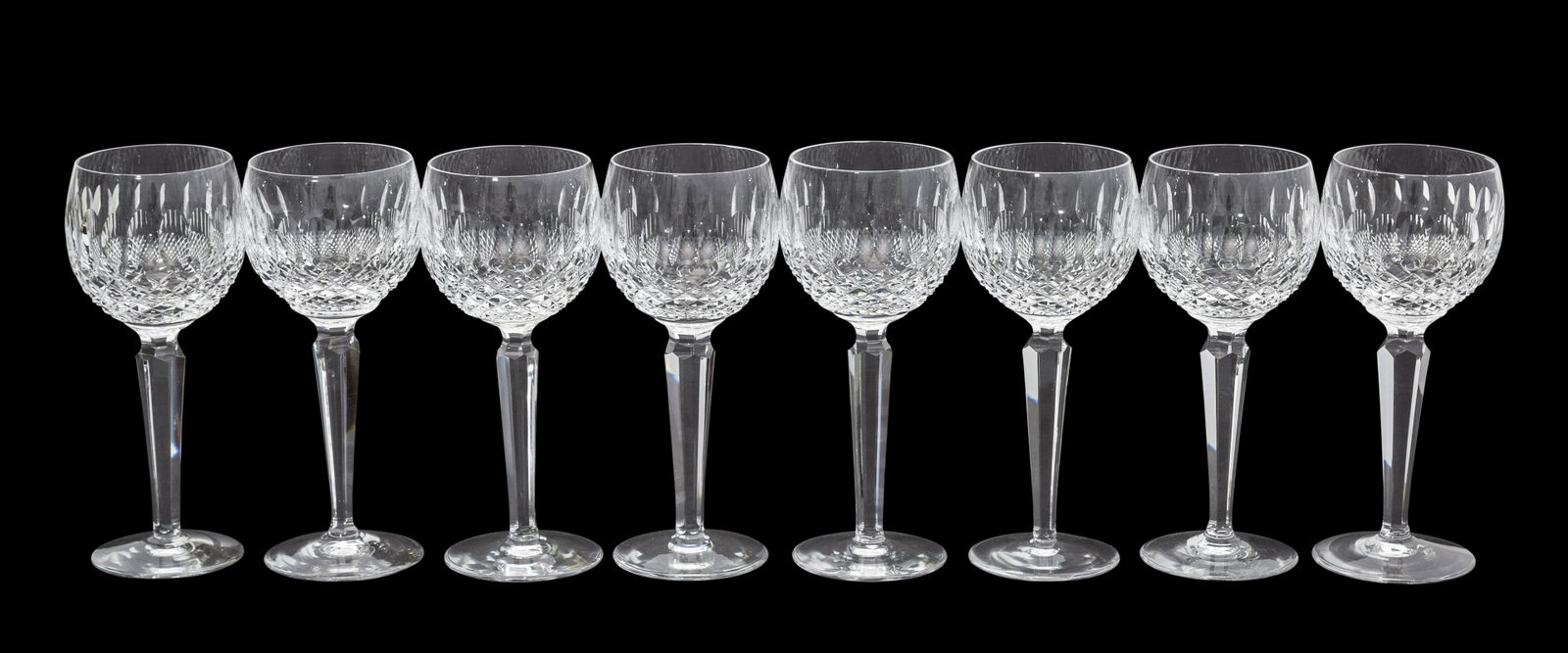 Waterford Retired "Colleen" Pattern Wines: Set of (8) win hock glasses, Manufacture's mark to underside. 3 dia x 7.5h