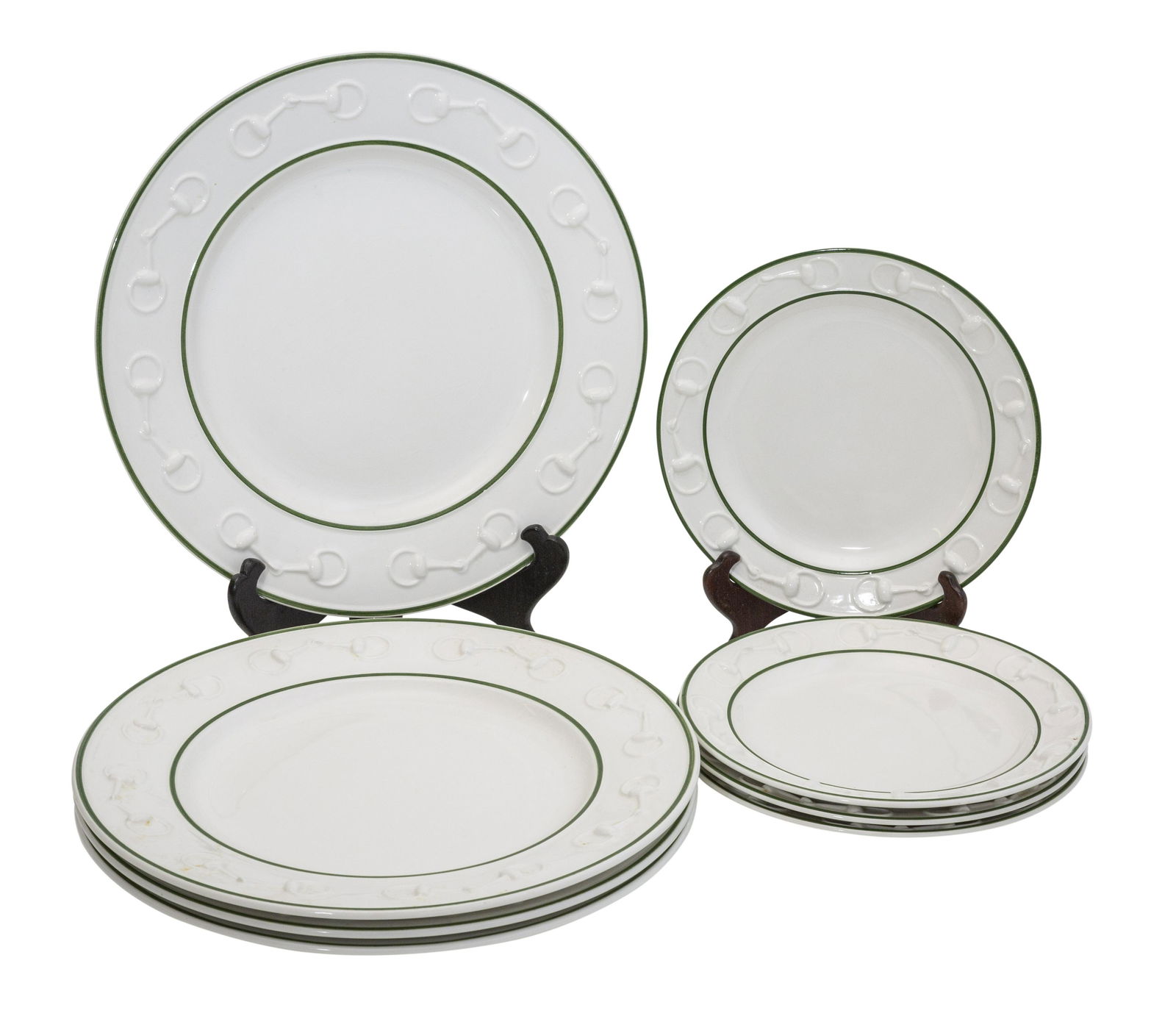 Gucci Horsebit Dinnerware: (4) Dinner plates, and (4) salad plates, and Gucci mark to underside. 12dia, 8.365dia. (4) Polo old fashion glasses. 3.25dia x 4h