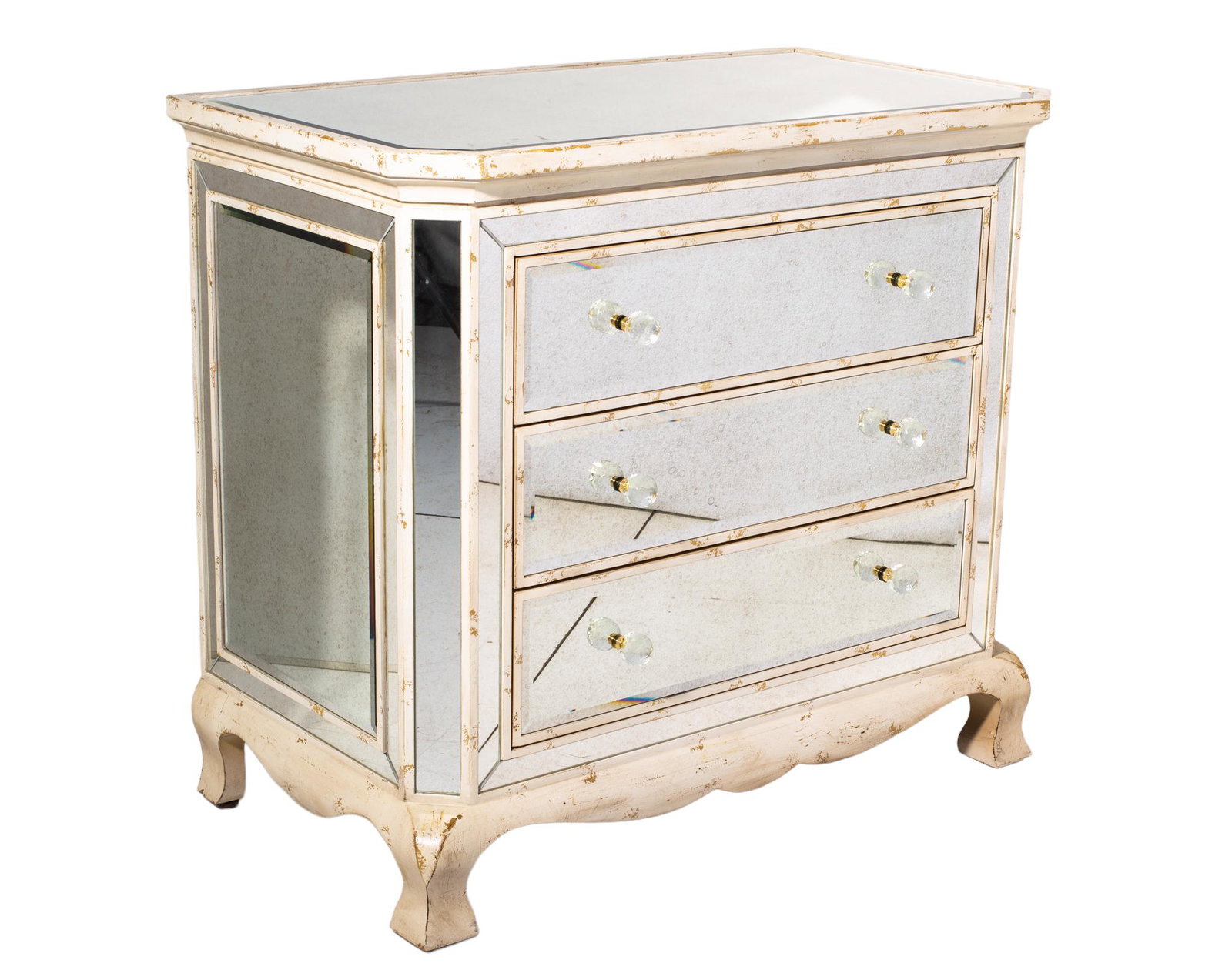 Distressed Mirrored Glass Chest/ Dresser: White washed distressed wood frame with mirrored front, top, and sides. Crystal ball hardware. French feet. 36w x 20d x 33h.