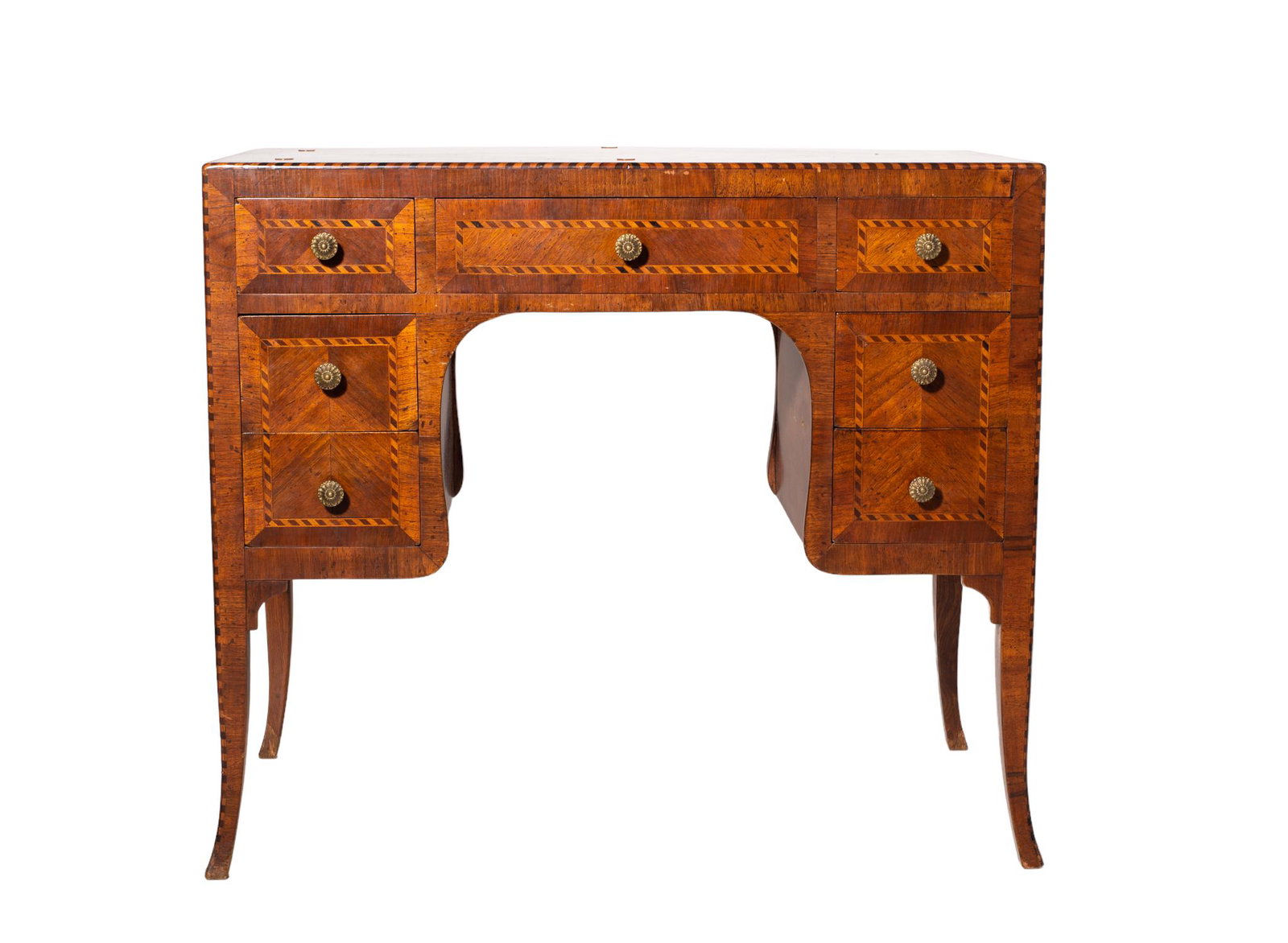 Inlaid Mahogany seven Drawer Vanity: Bow rectangular top over seven drawer with original metal sunflower pulls. Finished back and matching mixed wood inlay to top, borders, back, and drawer fronts. Great size. Circa 1940. 34w x 18d x 30h