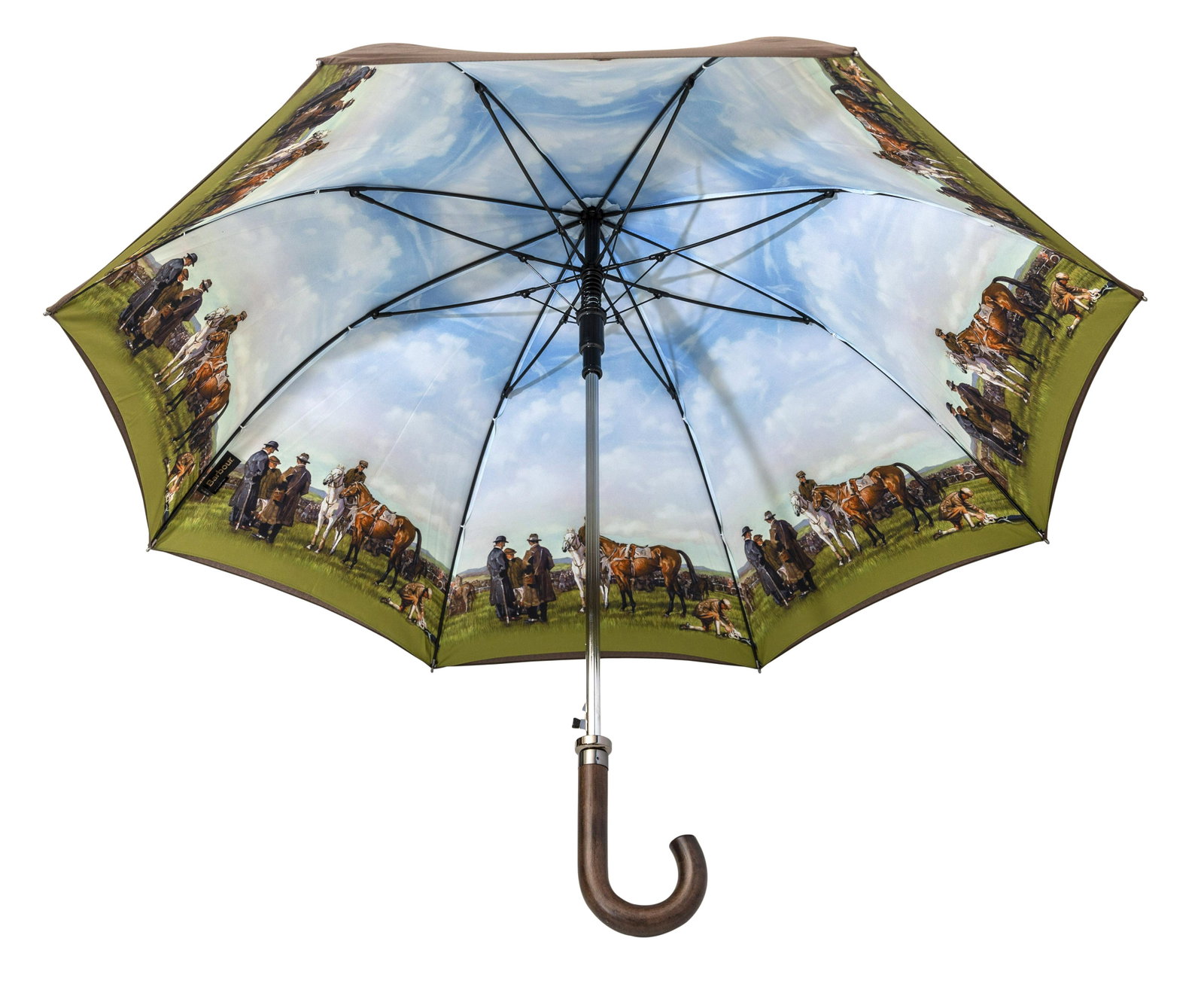 Barbour Jockey Umbrella: Fine luxury umbrella, decorated with jockey scenes to the interior with brown chalk color to exterior with original matching case. Manufactures mark to umbrella.