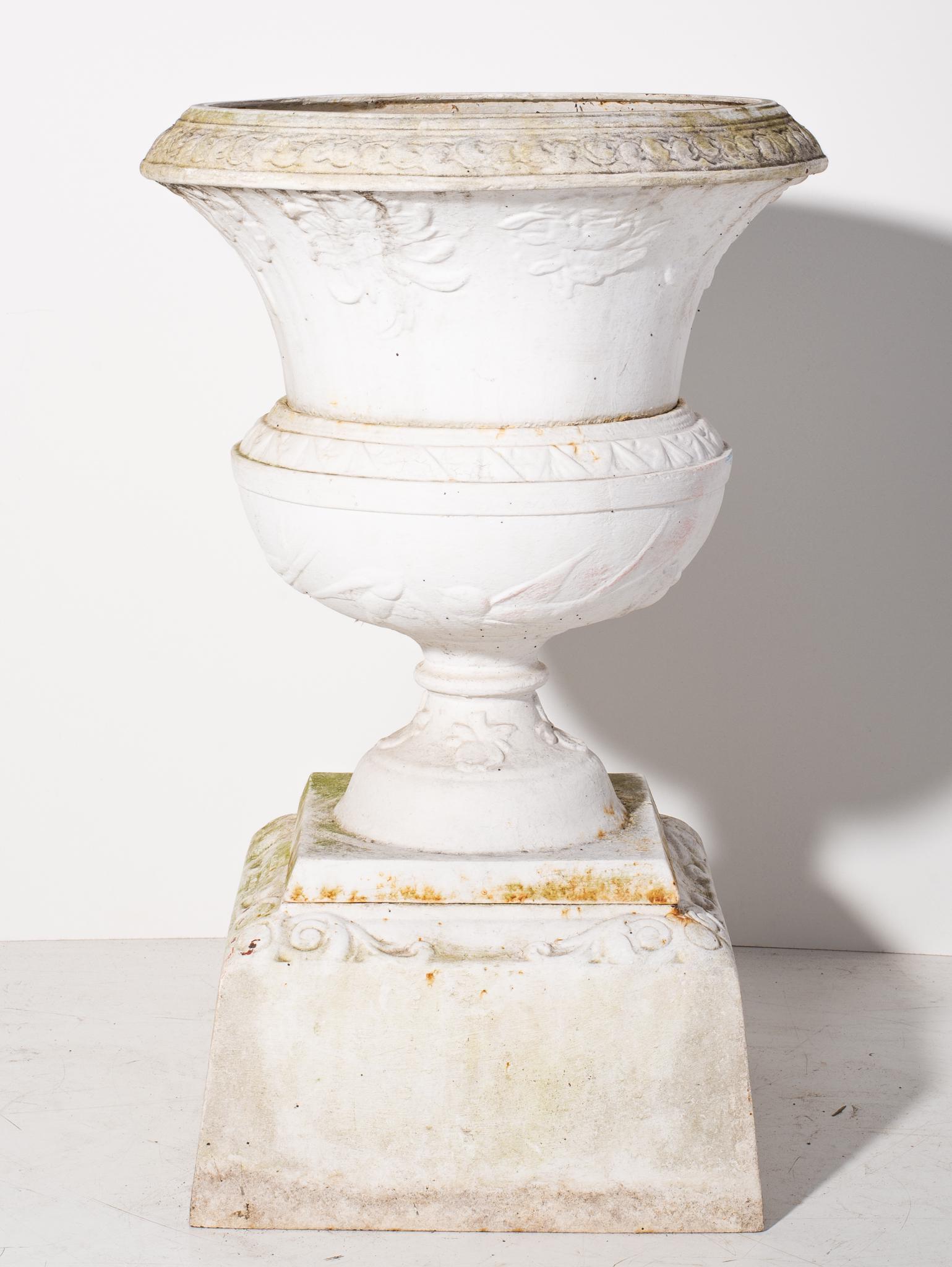 Kramer Bros Garden Urn: 3 part garden urn, circa 1880, square base. Manufactures mark to base. 20dia x 32h.