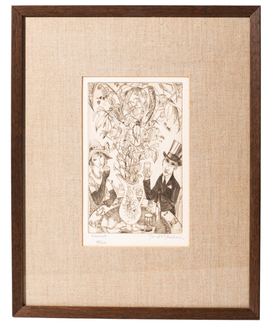 David Dreisback (20th Century) Etching: Etching of French woven paper. "Proust" Signed, titled, and numbered 33/150 in lower margin. 8 x 5 image size, frame; 14.75 x 11.625.
