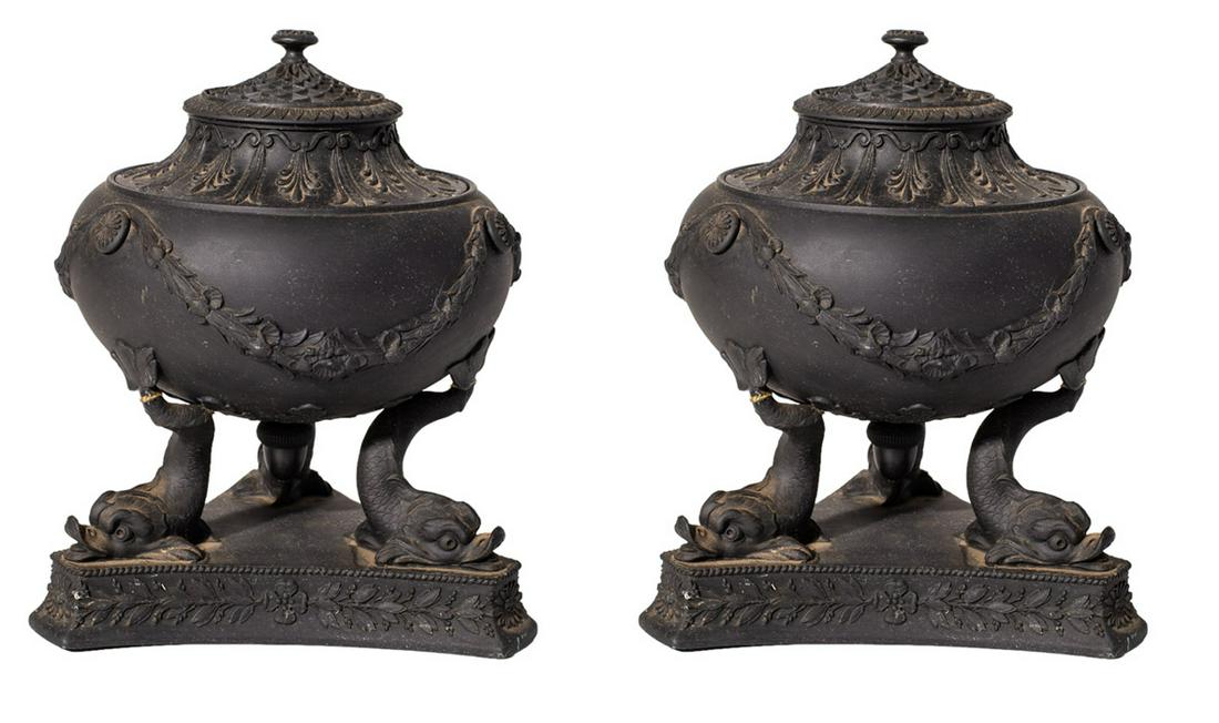 Black Basalt Incense Burners: Pair of black Wedgewood incense burners, marked â€œJ, Wedgewood”. Dates 1881-1907. Each has interior liner and dolphin bases. 5.25w x 5.25d x 6.5h