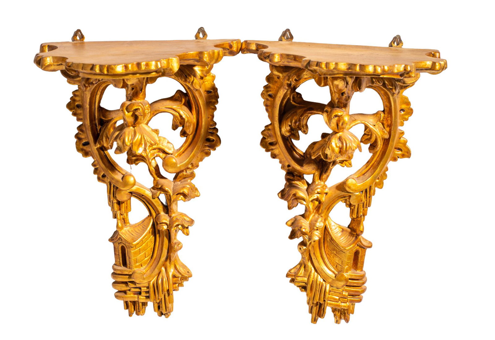 Italian Gilded Carved Wall Shelves: Scalloped tops over a scrolled apron with carved draped flowering branches and a hut, circa 1960â€™s. 9.5w x 6.25d x 13.5h