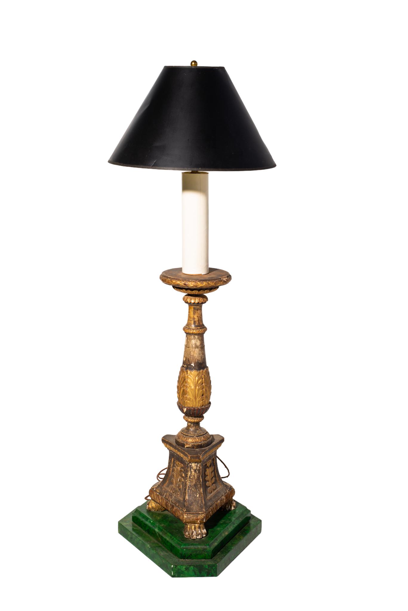 Neoclassical Carved Wood and Gesso Floor lamp: 19th Century floor lamp raised on two-tier malachite wood base. Lamp rests on paw feet with high relief carved flowers and acanthus leaf supports. 20w x 17d x 61.75h