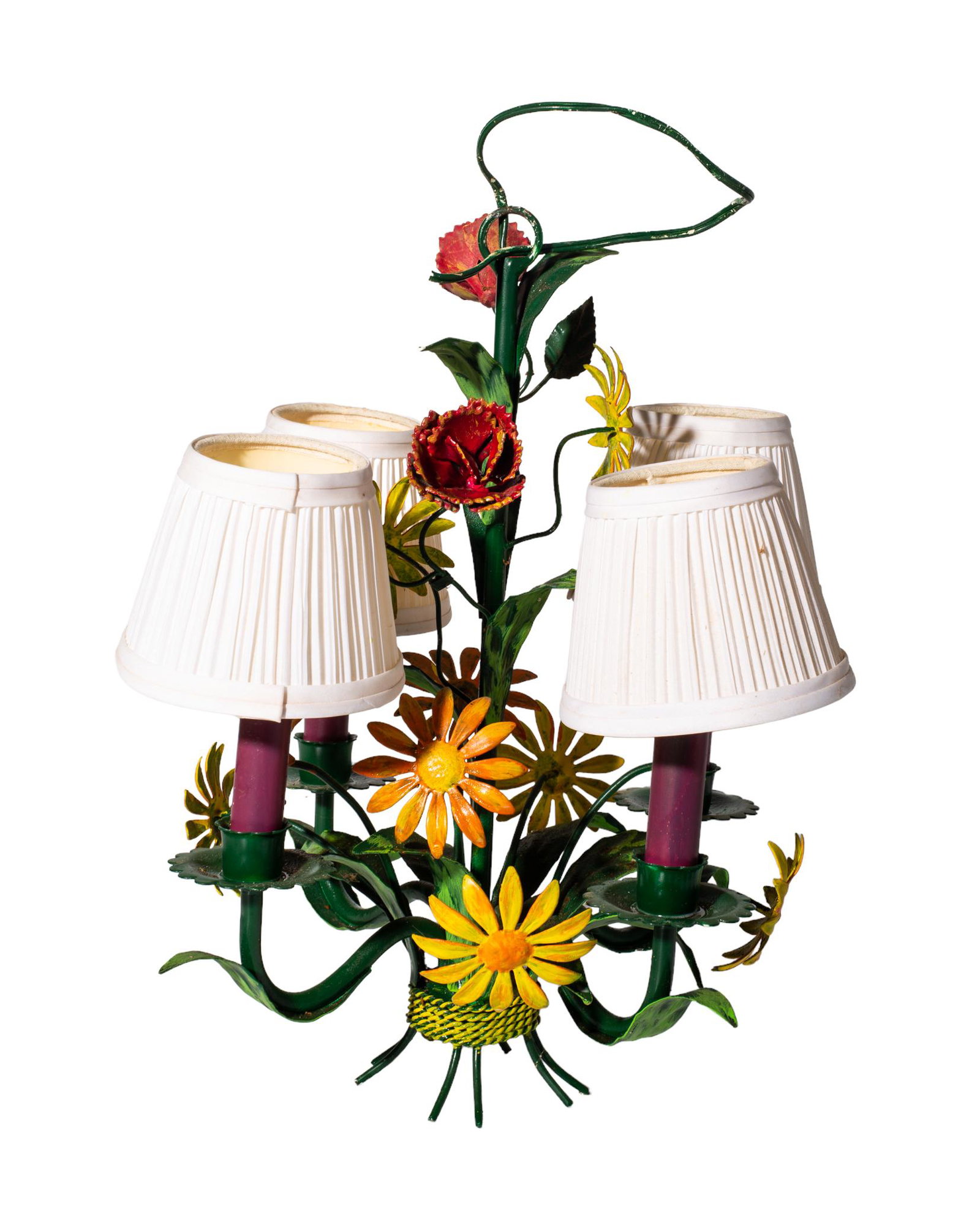 MCM Assembled Tole Chandelier and Wall Shelf: Floral toal chandelier and wall shelf. Chandelier- 19w x 19d x 22h, Wall Shelf- 10.25w x 5d x 14h