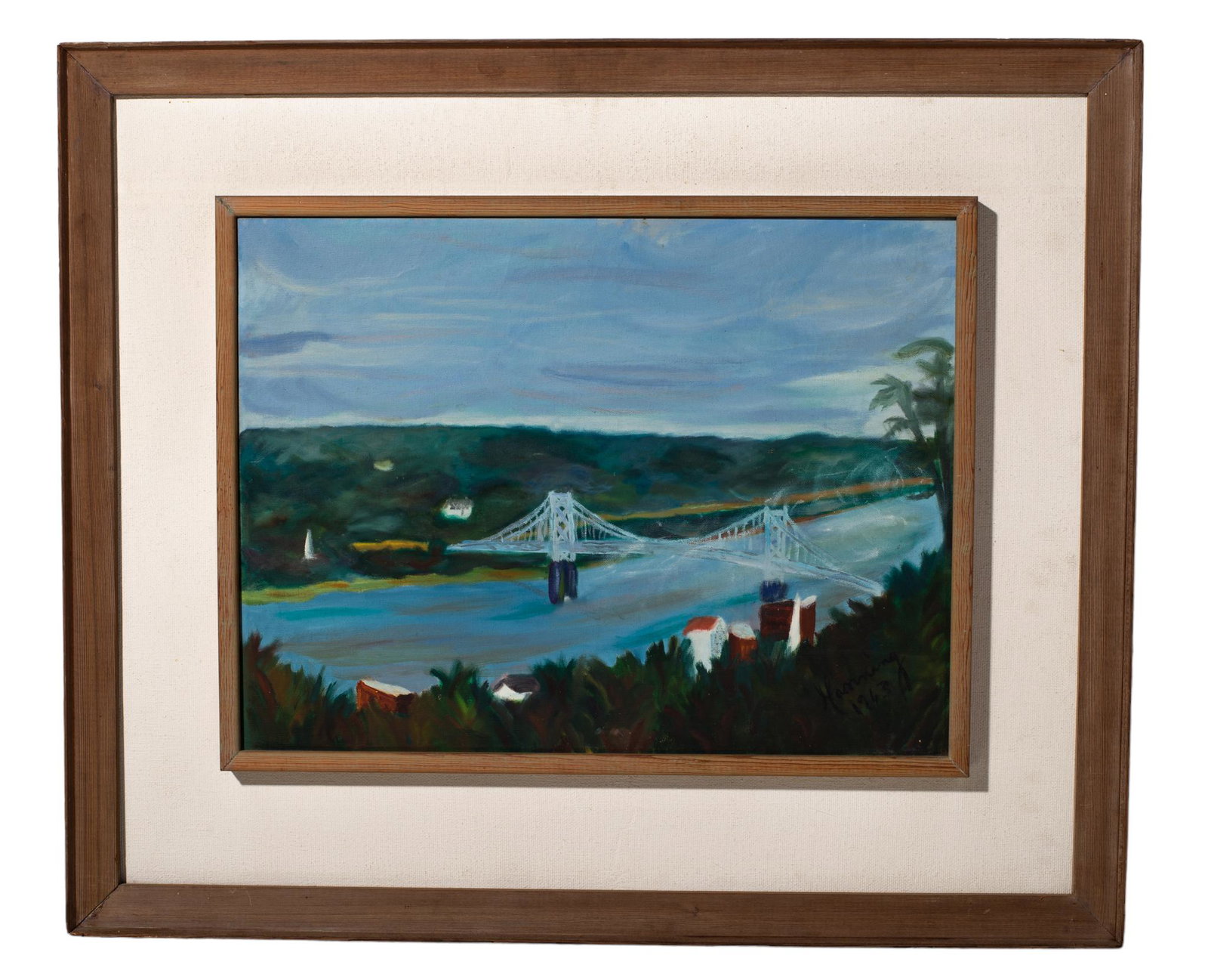 Phillip Manning Oil Painting of Kentucky: Oil on canvas, "View of The Bridge". signed Manning lower right and dated 1963 Sight 18w x 24h, frame 31.5w x 36h