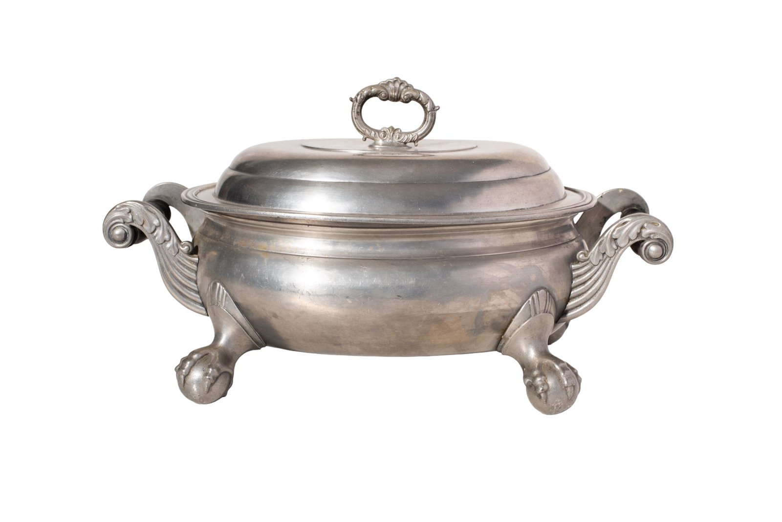 Rare 18th Century Townshend and Compton Pewter Casserole: Circa 1780-1790, pewter casserole with double scrolled turned wood handles resting on ball and claw feet. Wreath lid handle and manufacture's mark to underside. 15w x 9d x 8.5h.