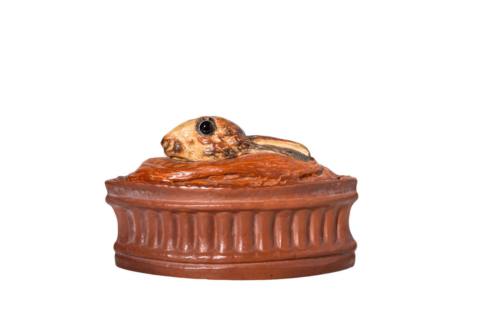 Pillivuyt Terrine with Hare's head: Early 20th Century French Red Ware Box with embossed rabbit head with glass eye lid handle. Porcelain rabbit head interior. Manufacture's marks to underside. 8.5w x 4.5d x 5.5h