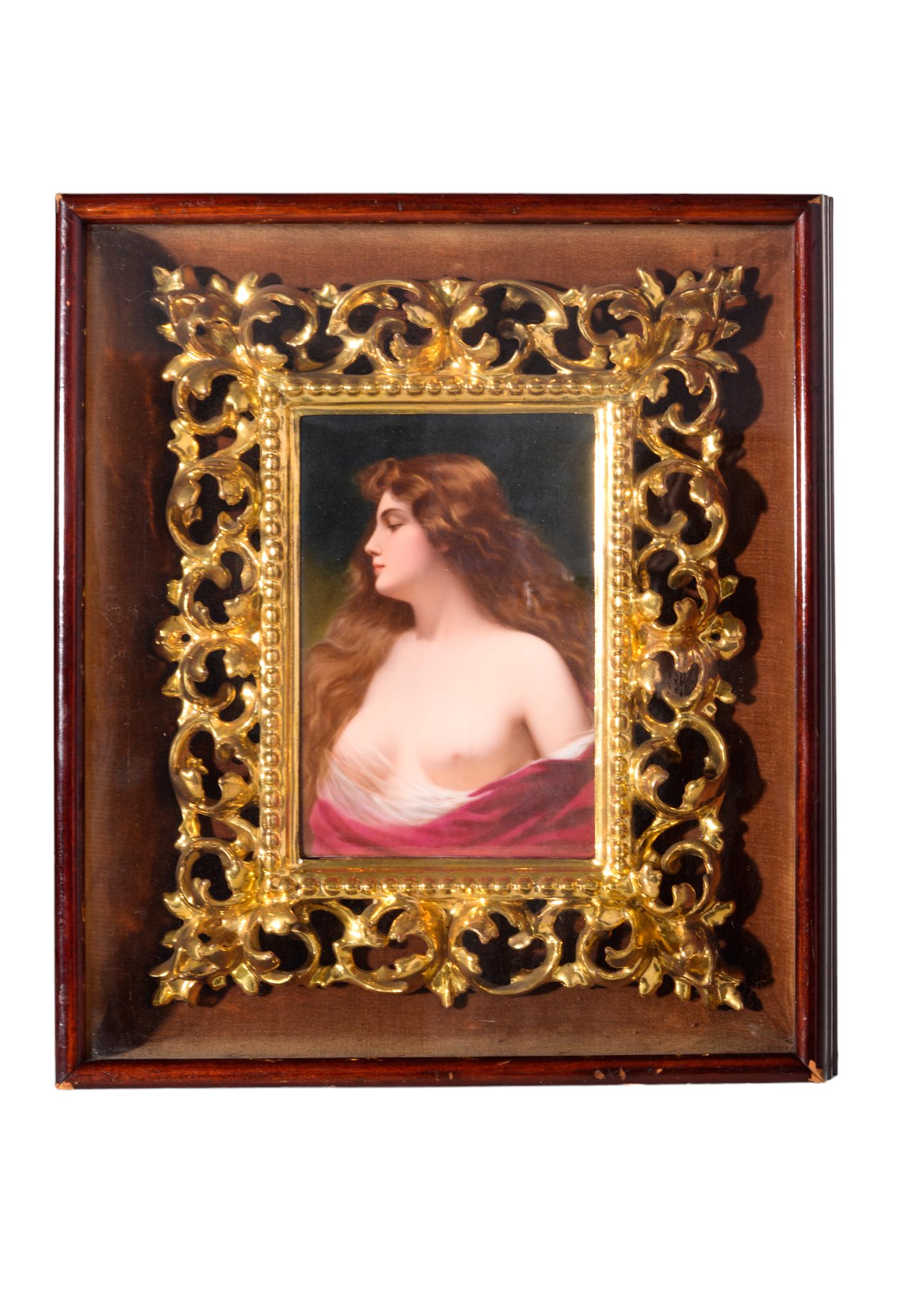 KPM Plaque Attributed to A. Scherf: Young semi nude beauty, A. Scherf (unsigned) after Angelo Ast. Housed in elaborate gilt frame within a shadow box frame. Sight - 7h x 5w. Gilt frame - 11.735h x 9.5h. Shadow box - 14.75w x 2.25d x 14.