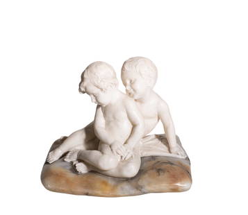 Outstanding 19th Century Marble Children Sculpture: Sculpture. Circa 1880-1890 Italian marble sculpture of two children sitting on a pillow. Unsigned 17w x 12.875d x 14.25h