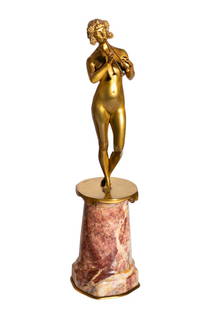 Rene- Paul Margort (1875-1939) Bronze (France): Bronze on red marble column base, "The beautiful musician" Gilded bronze with shaped aprons and scrolled base. Stamped signature to base and #2452. 5w x 5d x 21.5h