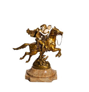 Georges Omerth (1895-1925) Bronze (France): Outstanding gilded bronze. "The Thousand and One Nights" couple riding on horse with intricately carved faces, bust, arms and hands raised on stepped marble base. Stamped signature to base stamped