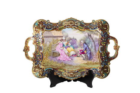 Sevres Style Porcelain and Champleve Enamel Tray: Tray. Late 19th/early 20th century, hand painted landscape with couple and daughters. Signed M. Suillan with cut out handles and scalloped border raised on gilt bronze touple feet. 14.375w x 9.5d x 2h