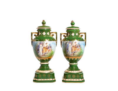 Sevres Style Vases with lids.: 20th century, pair of double handled urns with green ground and lream and gilded accents. Each side decorated with figures. Erphila art pottery czeche slovakis to underside. 4.75w x 4d x 11.25h