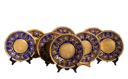 Crown Chelsea Cobalt Blue and Gilded Plates: Plates. Set of eight, crown Chelsea, England Gergious. Manufactures mark to underside 10.25dia