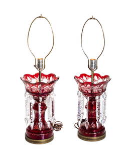 Victorian ruby glass Lustre Vases: Vases. Circa 1860, American cut to clear flowering branch decoration vase converted to table lamps. Round brass plated engraved and pierces bases. 18.5dia x 13.125h (custre), overall- 18.5dia x 28h.