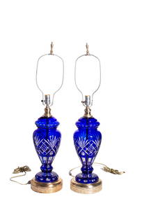 Bohemian Cobalt Blue cut to clear table Lamps: Lamps. Table lamps pair. Bulbous form with round embossed floral repoussÃ© silver plated bases. 5.25dia x 15h (glass) overall 33.5h