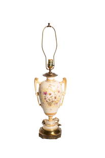 Mark Quary Crownford English Porcelain Lamp: Table Lamp. Hand decorated double handled urn with applied decoration on brass pierced cut corner base. 8.5w x 6.5d x 29.5, porcelain only- 14.75