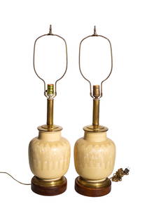 Rookwood Pottery Table Lamps: Table Lamps. Pair of table lamps, drip glaze brass caps, stems and bases. Teak round bases. 8'dia x 31.5h. Pottery height- 31.5h