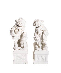 Chinese Blanc Dr. Chine Foo Lions: Foo Lions. Republic period foo lions with exceptional details. Foo lions on rectangular bases with bird motif panels. One foo lion holding a ball and one holding cub. 4.5w x 6d x 11h