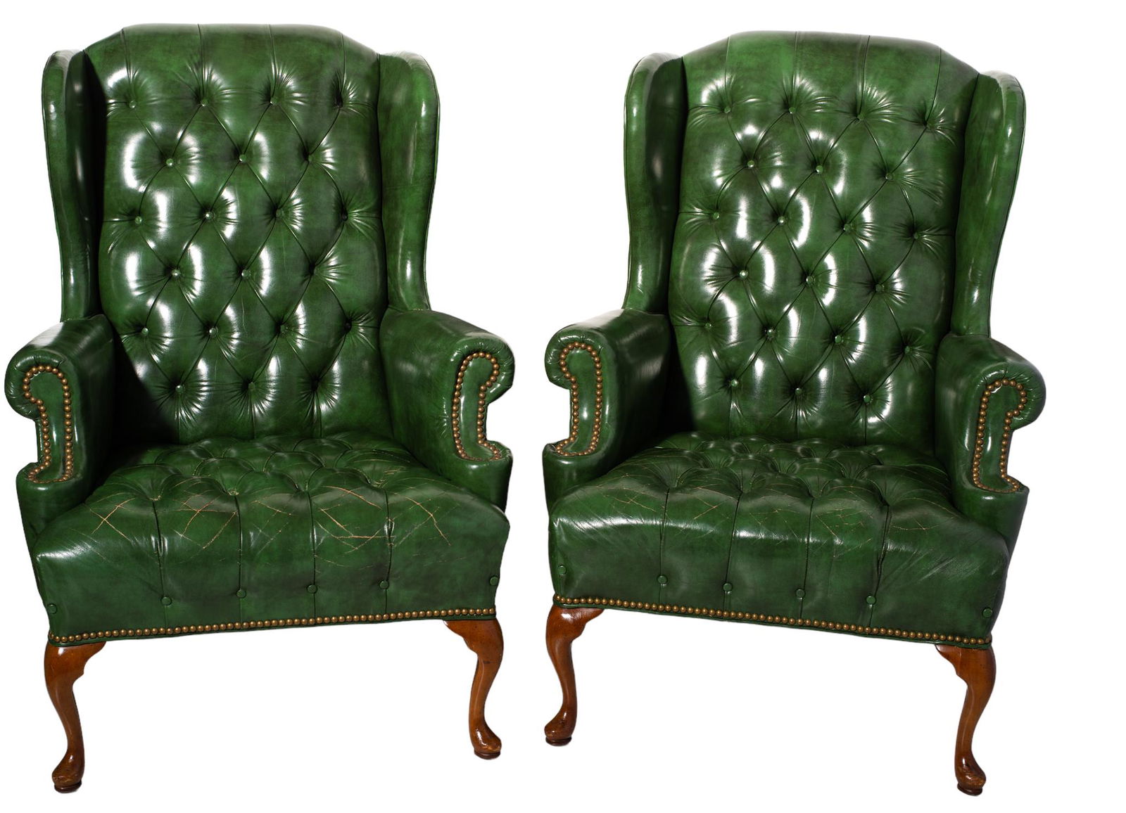 Tufted Leather Queen Ann Style Wing Chairs (1 of 6)