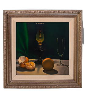 William Bennett (20th Century) Oil (New York): Oil on linen canvas, "Kerosene Lamp with orange" Signed lower right. Sight 14.125 x 14.125, frame- 20 x 20