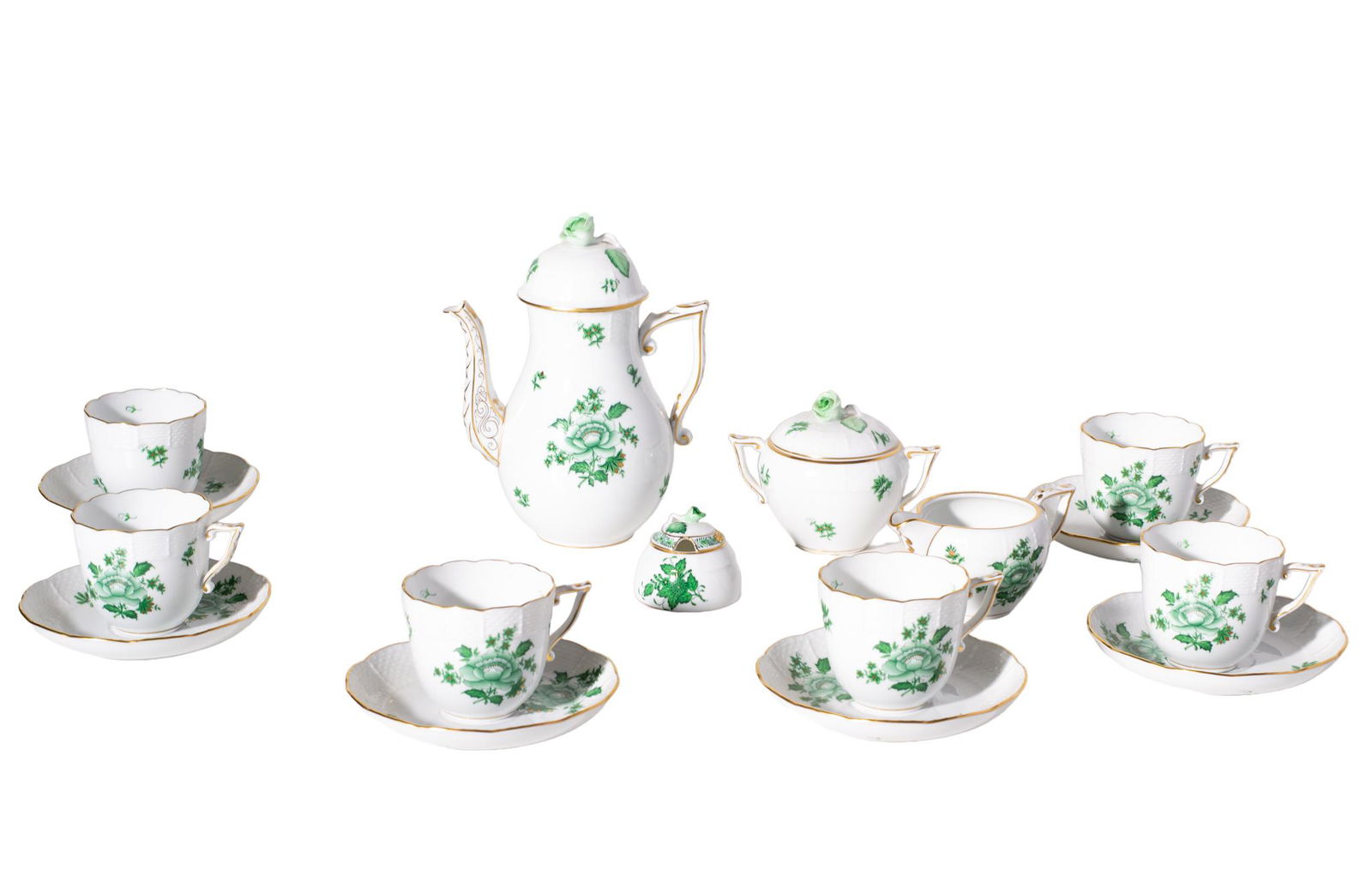 Herand "Chinese Bouquet" Tea Set: Tea Set. 15 piece tea set, teapot, creamer, sugar, 6 cups and 6 saucers. Manufacture's marks to underside of each. Teapot 6.5w x 4d x 8.5h