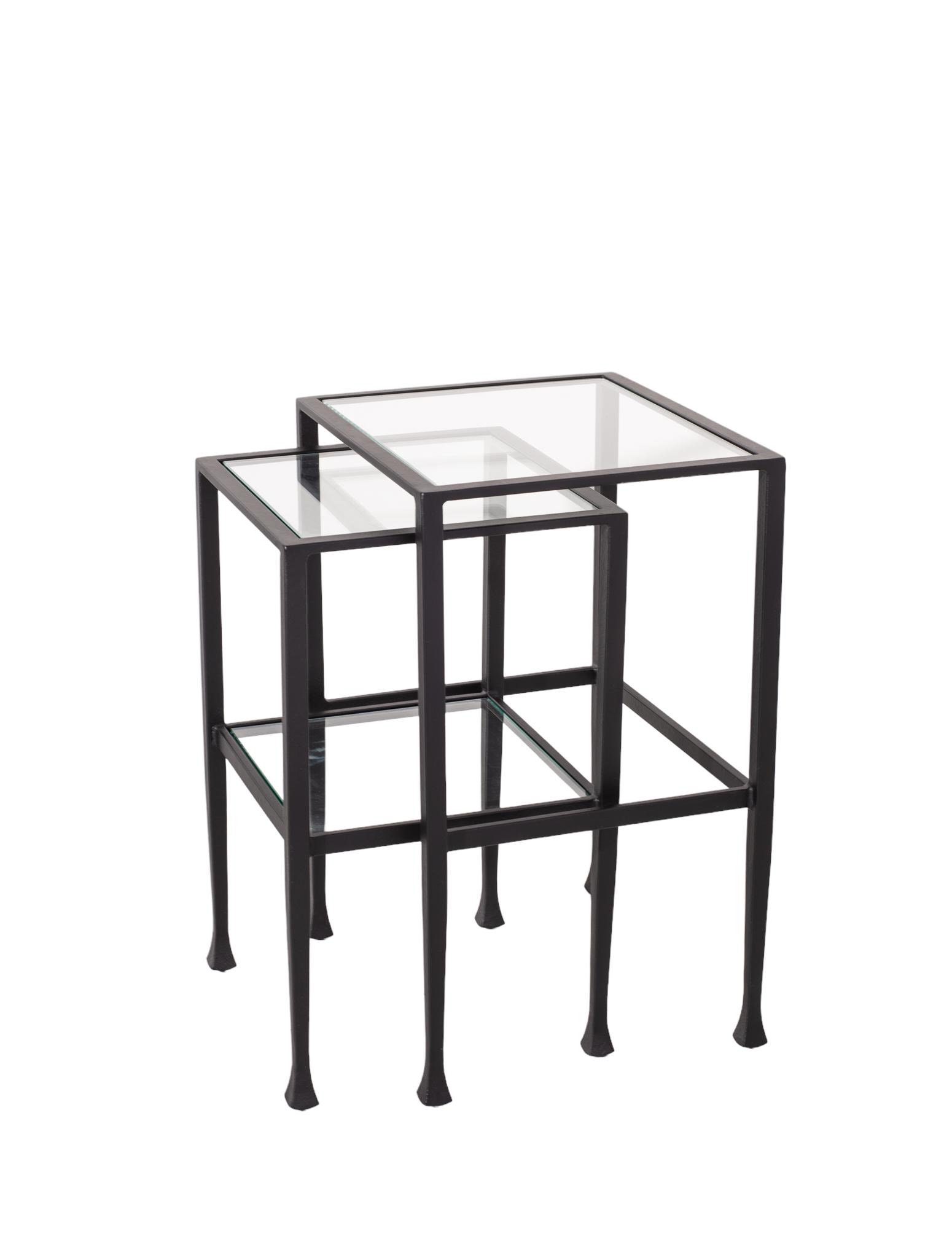 Holly Hunt Style Enameled Steel Nesting Tables: Nesting Tables. Set of two. Glass tops. 16w x 14d x 24h, 13w x 13d x 22.5h