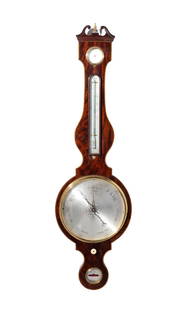 19th Century Thomas Sheraton Style Barometer: Thomas Sharaton style mahogany case with crotch grain veneer and satin strung inlaid border. Barometer is fitted with a temperature compensated percision aneroid movement. Bottom two dial and baromete