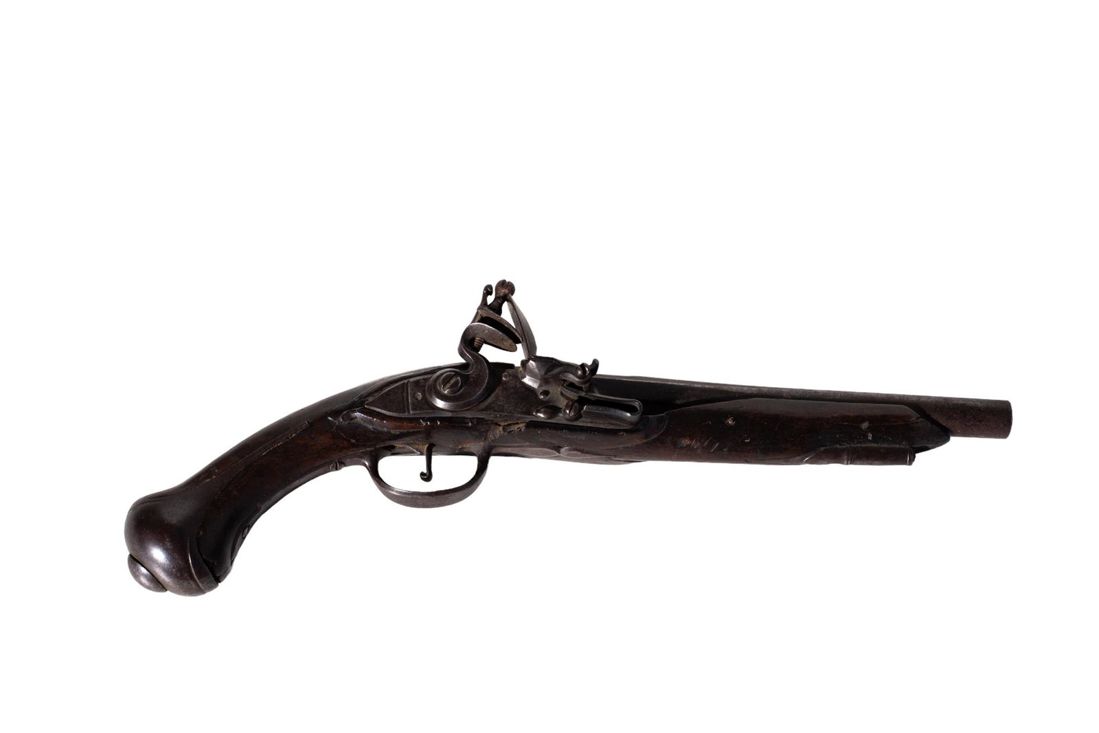 Antique American Flintlock Pistol: Pistol. Probably New England, late 18th century/ early 19th century, single shot round 10.25in. Sight barrel, walnut stock ramrod tigger guard, buttcap, barrel marked. Side plate marked "US". 17 long.