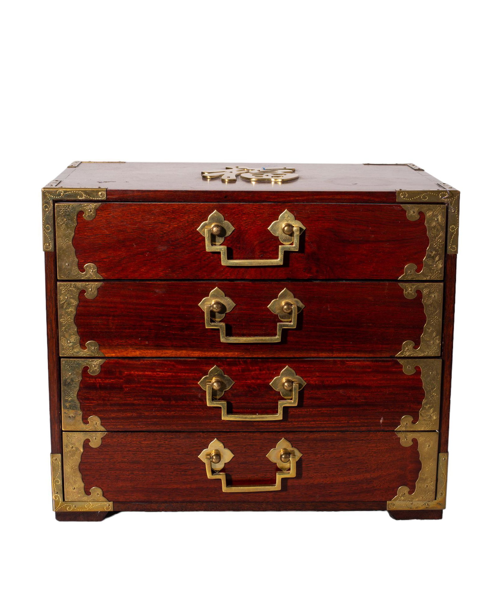 Chinese Jewelry Chest: Jewelry Chest. Teak four drawer case with brass mounts, brass character abd brass geometric pulls. Silk floral embroidery lined. 14.25w x 8.75d x 12h.