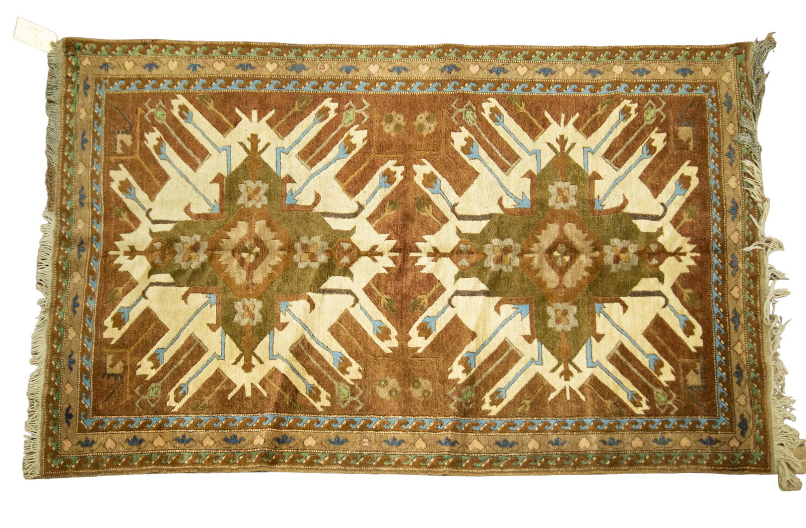 Turkish Rug: All over garden design over a beige field with large double floral medallions. Multi-layer borders. 4' 9.5" x 7' 3"