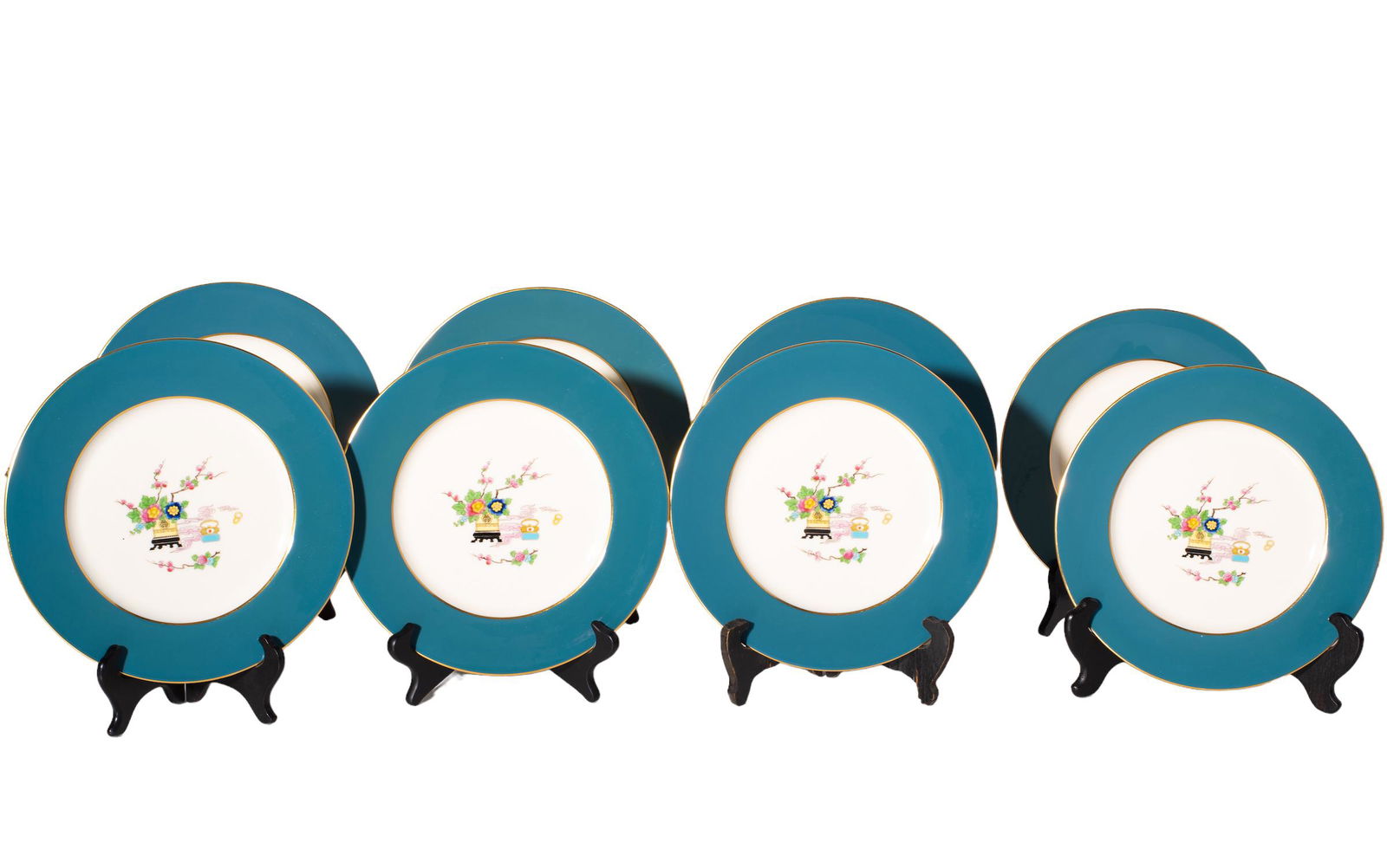 Turquoise and Gray Dinner Plates by Lenox: Dinner Plates, set of 8, gorgeous blue borders with floral motif center. Manufacture's mark to underside. 10.5dia
