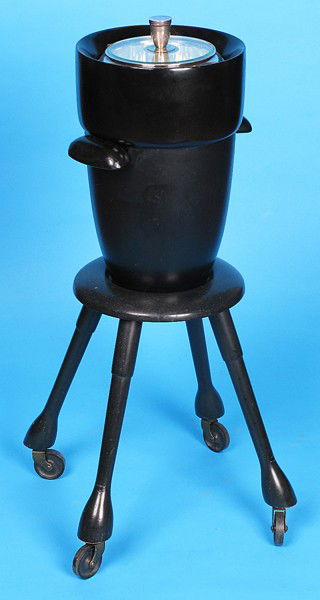 Ice Bucket, Aldo Tura (attribution): Black lacquered sterling handle and rim on tapered legs, wood side handles Size: 31H x 14W x 14D
