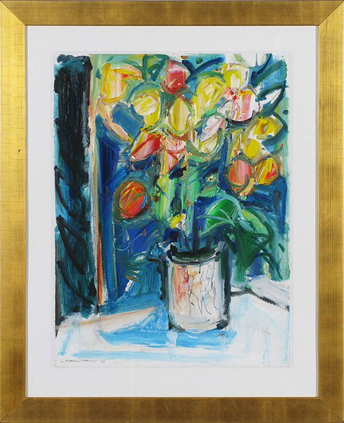 Oil/Paper, Jack Meanwell: Still life flowers, figure on flowerpot Size: 30 x 22.25